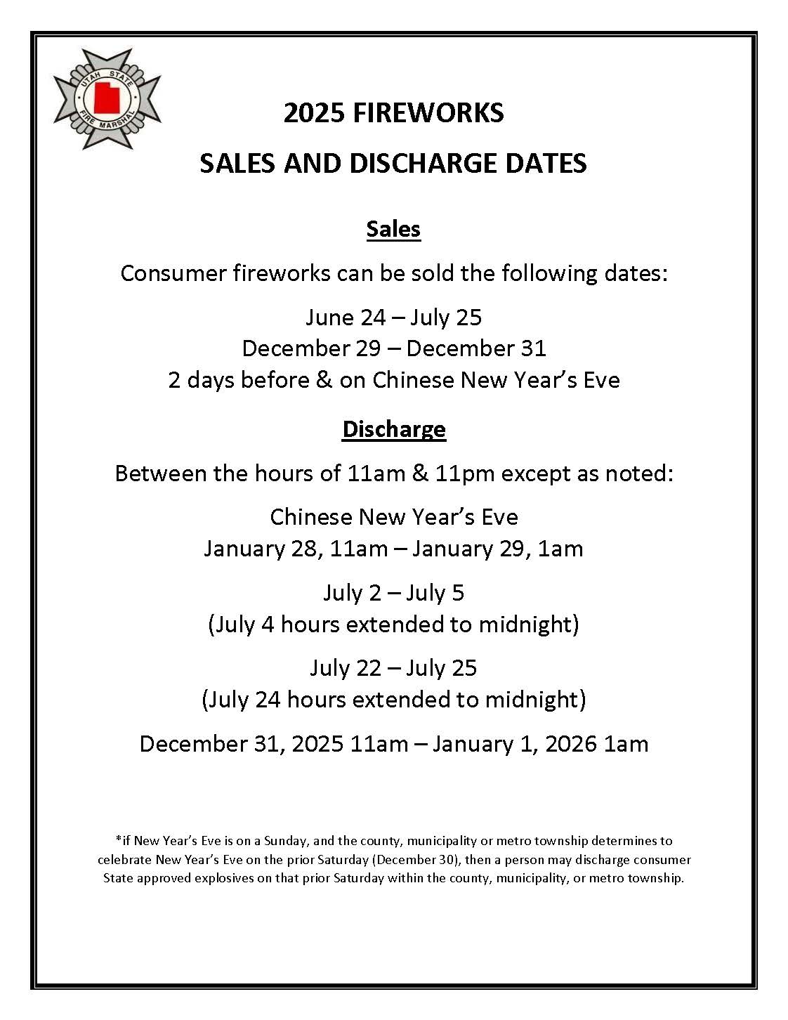 2025 Fireworks dates